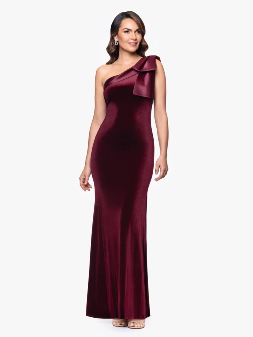 NWT Women's BA Nites One-Shoulder Bow Velvet Evening Gown
